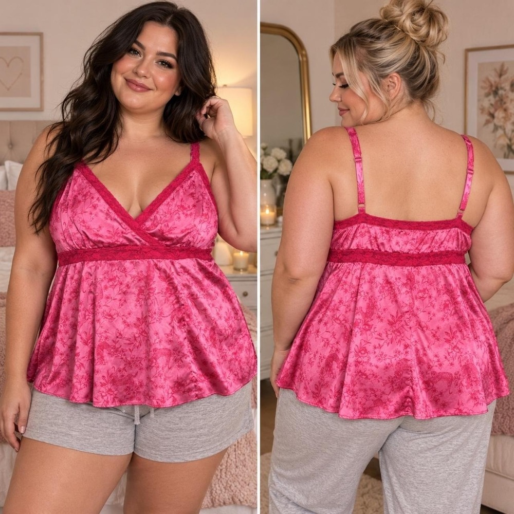Torrid Betsey Johnson Top 2 2XL Pink Floral Lace Babydoll Cami Tank Silky Love